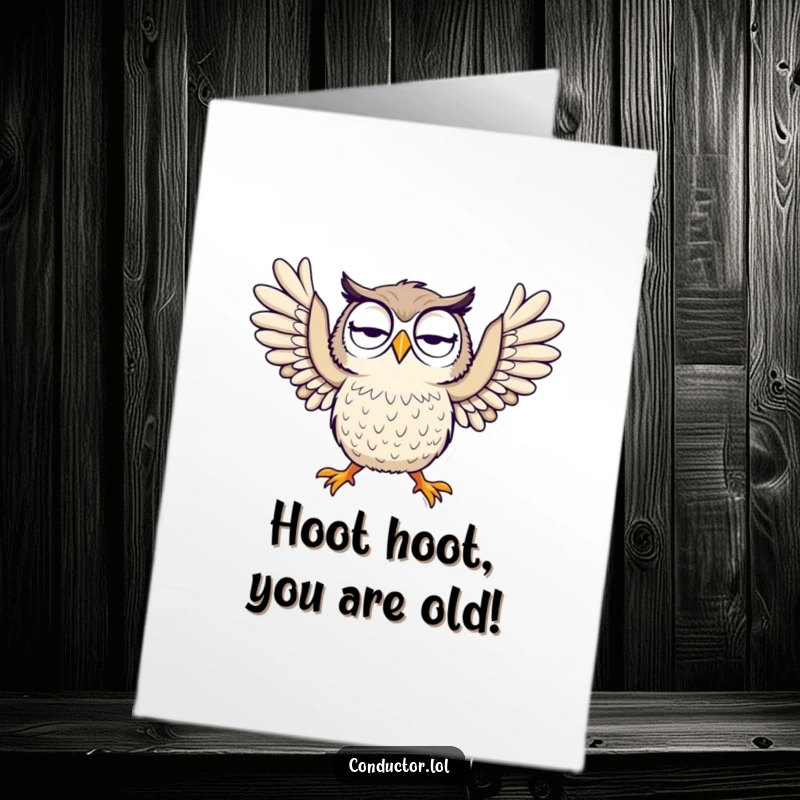 Funny Free Printable Owl Birthday Card: A curious owl throws arms wide in dramatic surprise, perfect for a laugh.