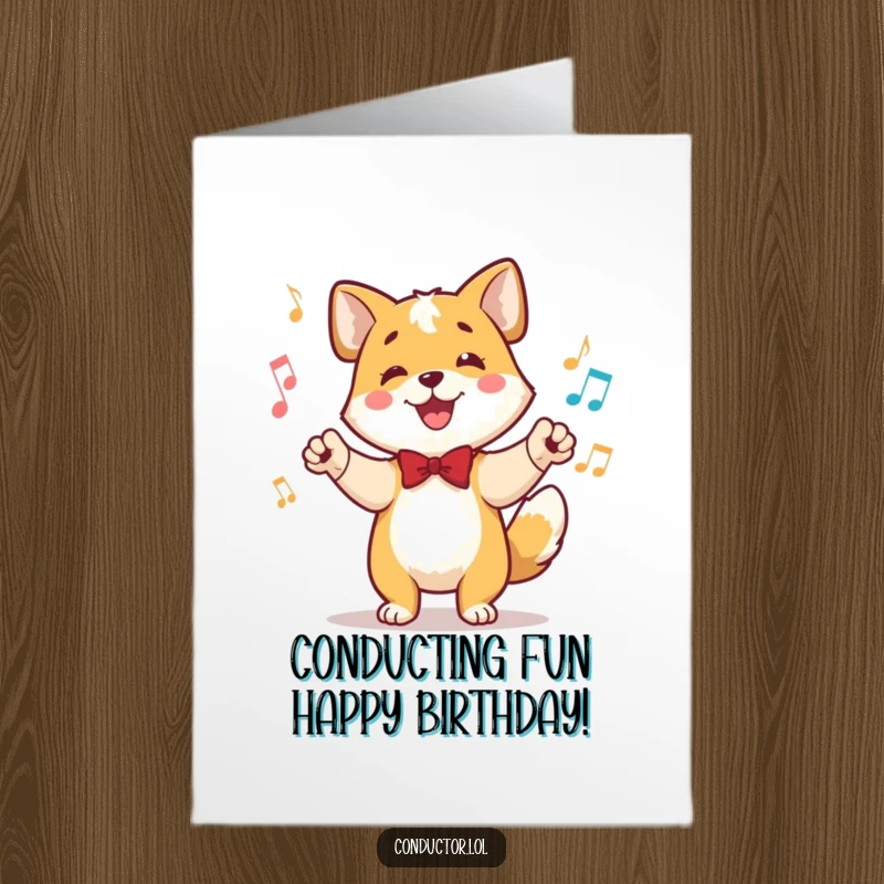 Funny free printable birthday card of a happy dog conductor, tail wagging rhythmically, ears perked, leading the musical celebration.