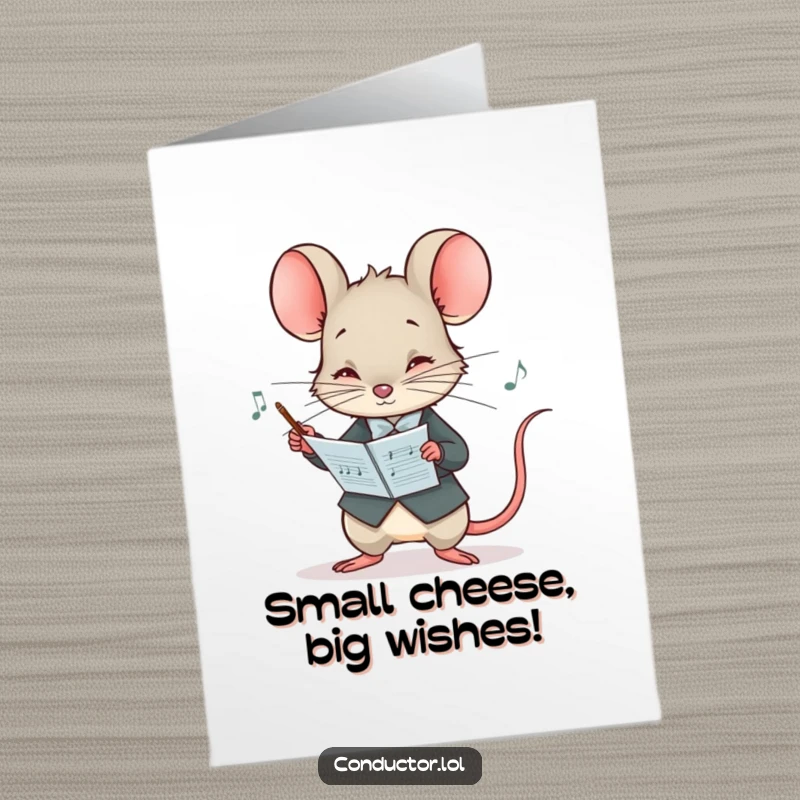 Funny Free Printable Birthday Card: Curious mouse conductor intently studying a score, perfect for laughs.