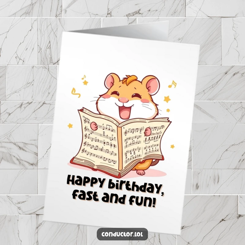 Funny Free Printable Birthday Card: A giggling hamster furiously flips pages of a huge musical score, celebrating with chaotic energy.