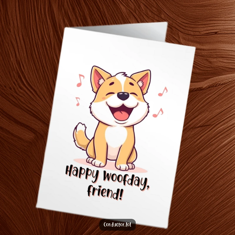 Funny Free Printable Birthday Card: Proud dog barking happily in time with music, tail wagging enthusiastically.