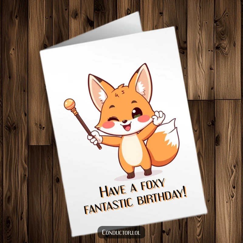 Funny Free Printable Birthday Card: Happy fox in white gloves dramatically waving a baton with a flourish.