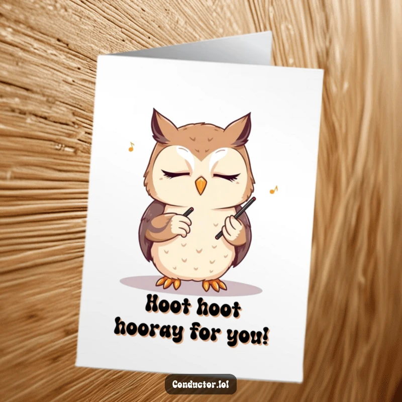 Funny Free Printable birthday card showing a cute owl with eyes closed, conducting an unseen orchestra.