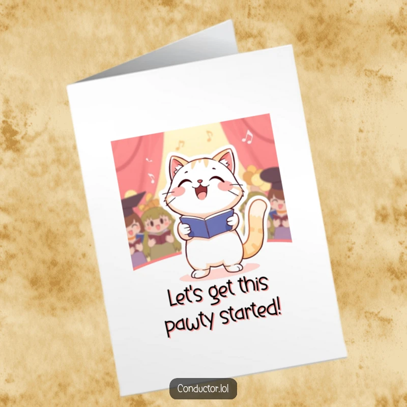 Funny Free Printable Birthday Card: Cat conductor leading a choir with enthusiasm and a happy bounce.