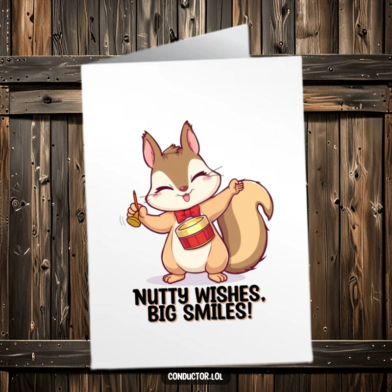 Funny Free Printable Birthday Card: Winking squirrel conductor tapping cymbal with musical flourish, perfect for laughs.