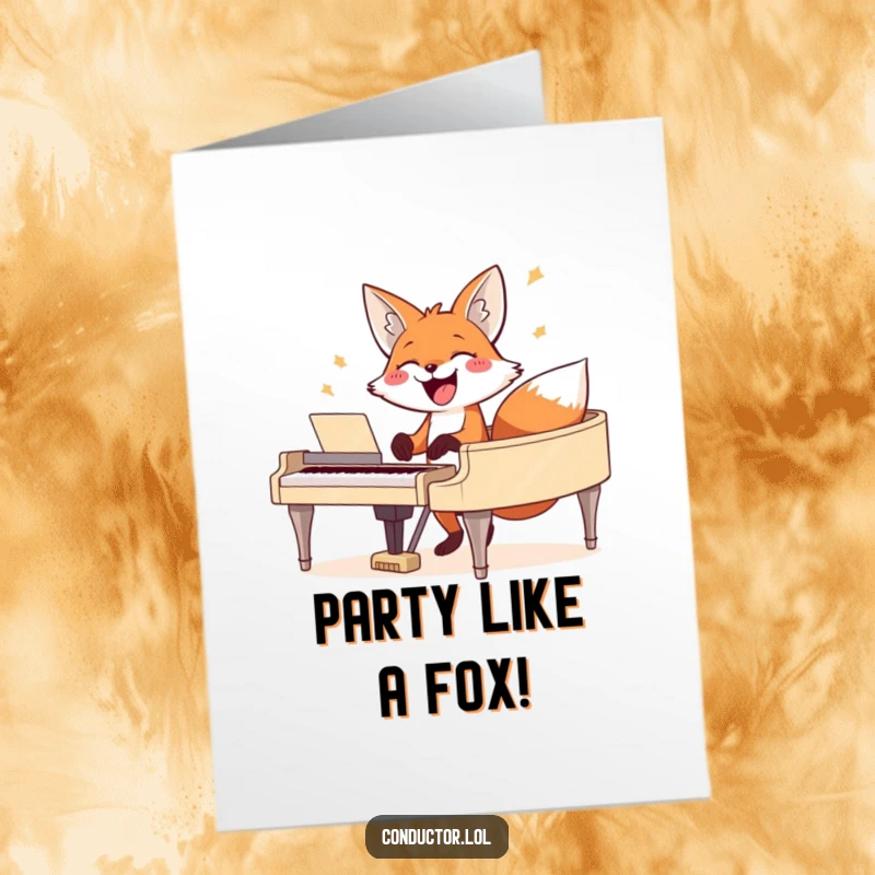 Funny Free Printable Birthday Card: Joyful fox grinning widely, playing a grand piano with a powerful chord.