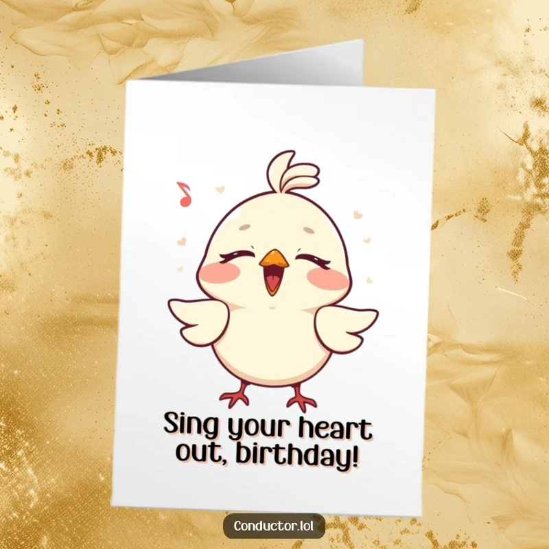 Funny Free Printable Birthday Card: A charming bird singing at the top of its lungs with eyes closed.