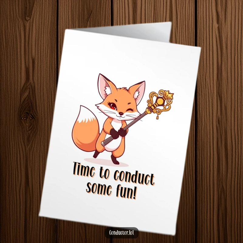 Funny Free Printable Birthday Card shows a mischievous fox energetically swinging a large, ornate baton with a playful grin.