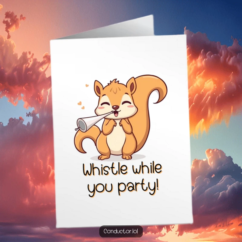 Funny Free Printable birthday card featuring a squirrel triumphantly blowing an invisible whistle with a flourish.