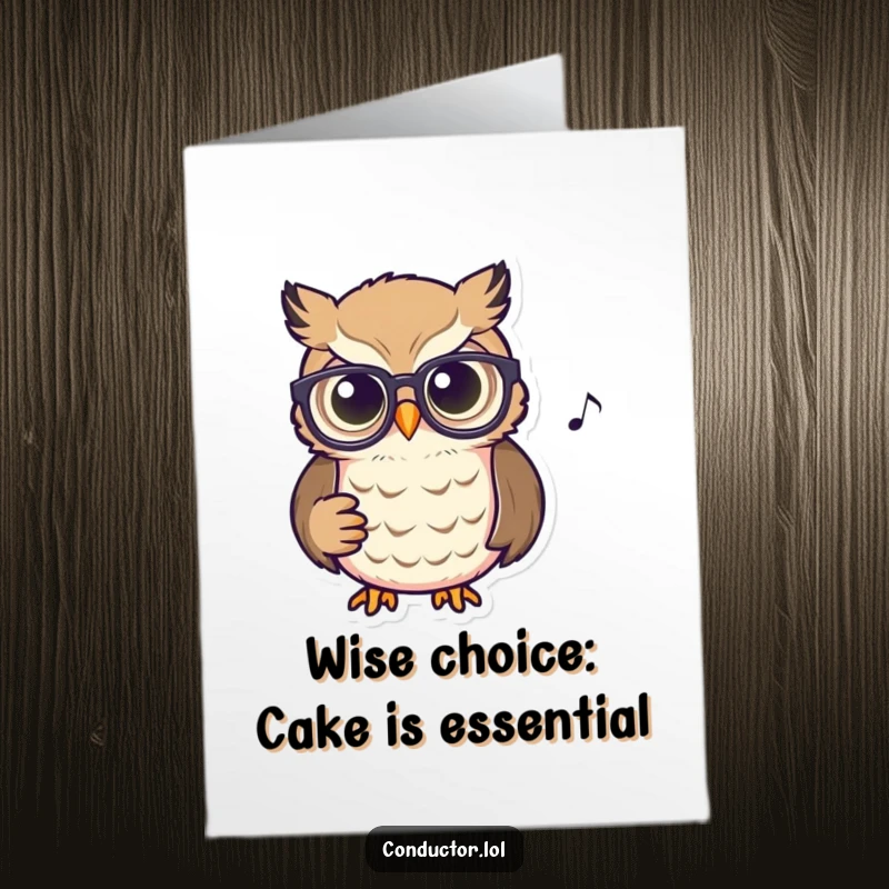 Funny Free Printable Birthday Card: Focused owl in spectacles, glowing eyes on musical score, ready for a smart celebration.