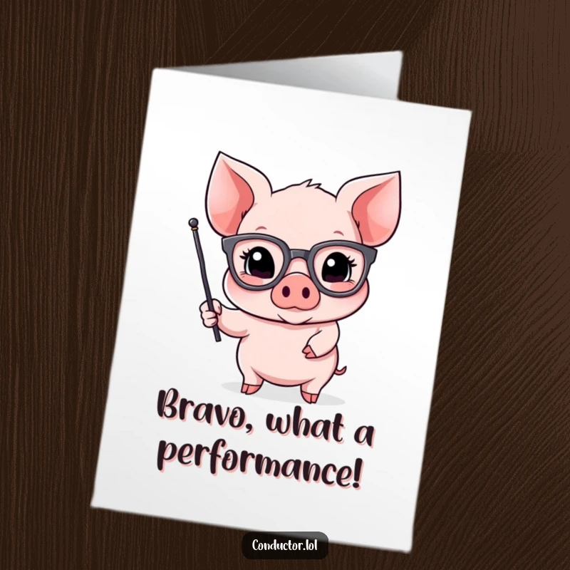 Funny Free Printable Congratulations Card: A piglet in big glasses dramatically waves a flag, celebrating your stellar accomplishment.