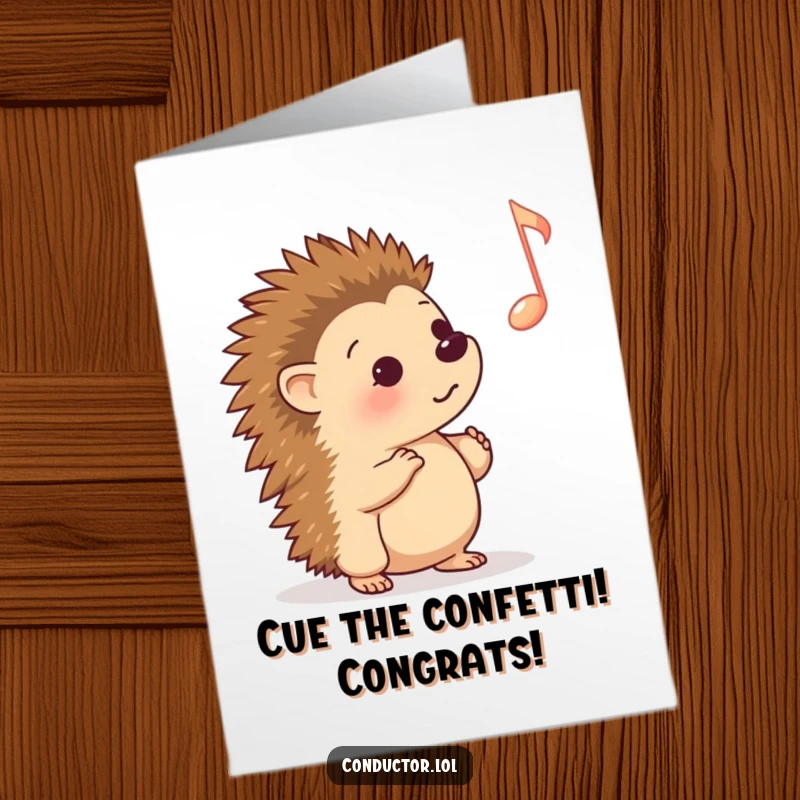 Funny Free Printable Congrats Card: Curious cartoon hedgehog listening intently to a musical cue, a sophisticated downloadable message.