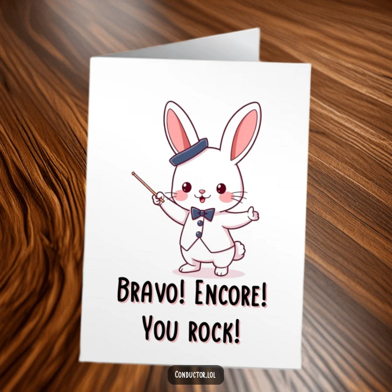 Funny Free Printable Congrats Card: Cute bunny conductor in a top hat enthusiastically waves a baton, celebrating success.