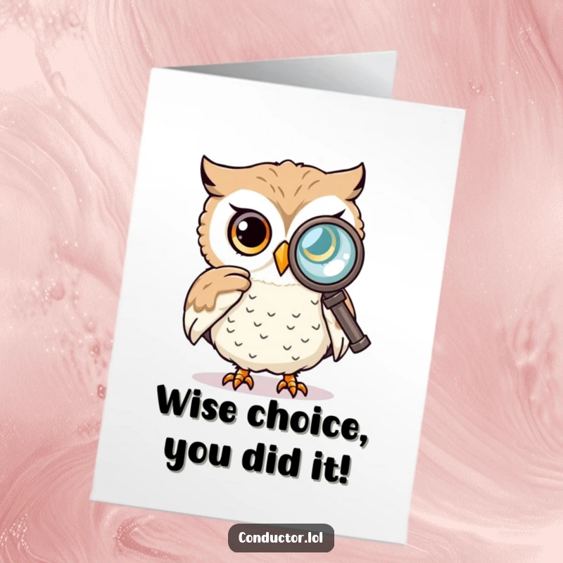 Funny Free Printable Congratulations Card: A curious owl intently peers through a spyglass at a distant view.