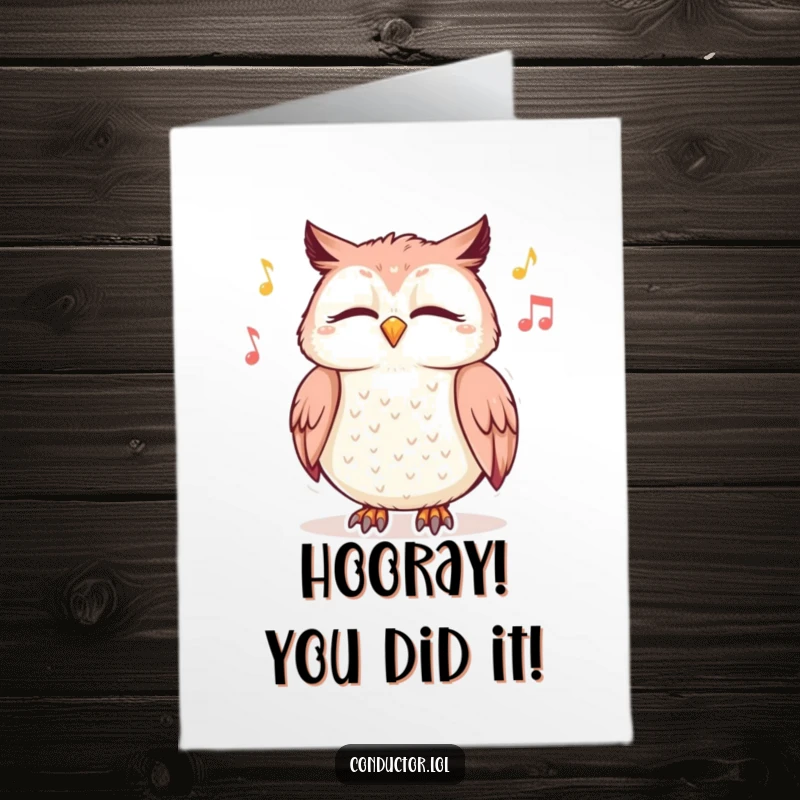 Funny Free Printable Congratulations Card: A giggling owl sways with closed eyes, grooving to imaginary tunes in celebration of success.