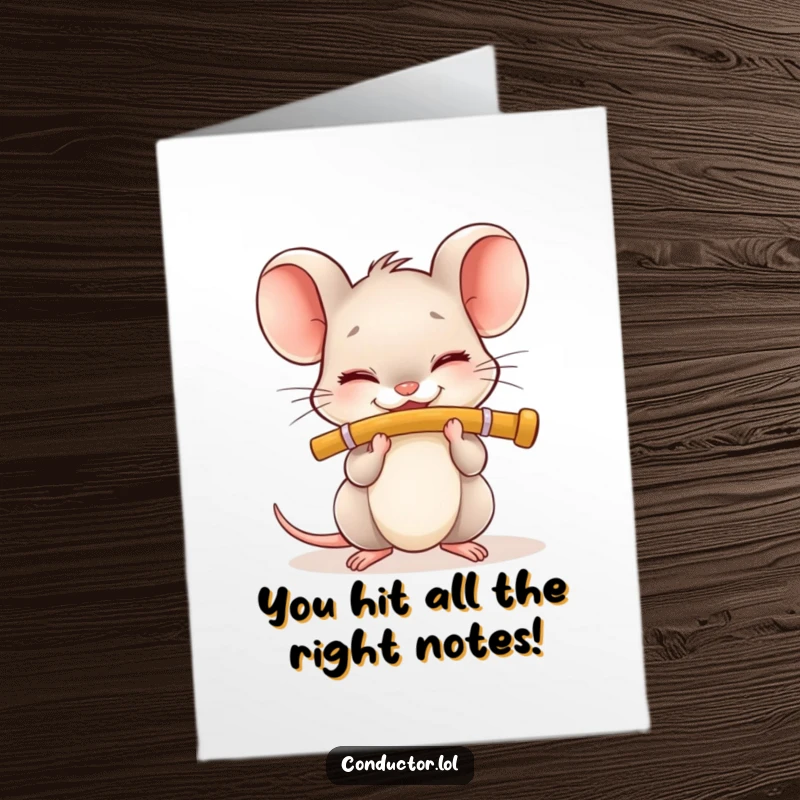 Funny Free Printable Congratulations Card: a tiny mouse joyfully playing a flute, perfect for celebrating any achievement.