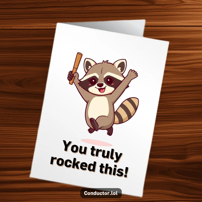 Free Printable congratulations card showing a raccoon joyfully leaping with a baton held high.