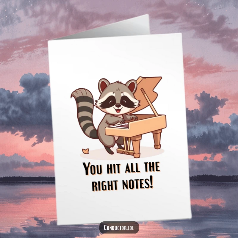 Funny free printable congratulations card: Happy raccoon energetically taps piano keys with its tail, celebrating your triumphant performance.