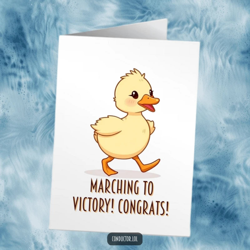 Funny Free Printable Congratulations Card: A determined duckling marching proudly to celebrate a significant accomplishment.