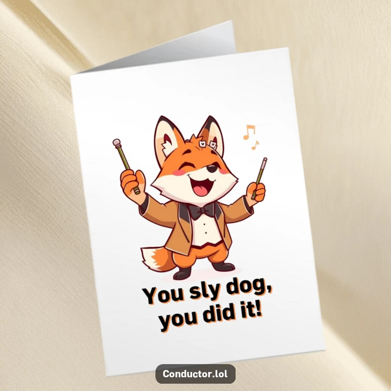 Funny Free Printable Fox Conductor Congratulations Card: Stylish fox conductor striking a dramatic pose, baton high, grinning widely at success.