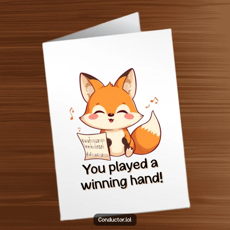 Funny Free Printable Congratulations Card: A cheerful fox looks intensely at a musical score, radiating joyful accomplishment.