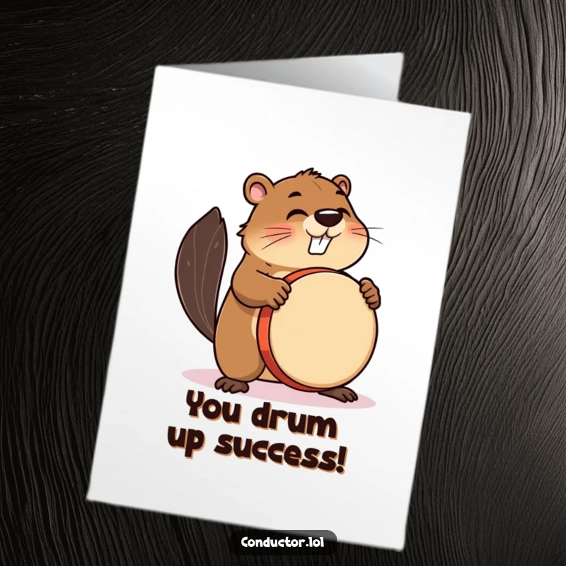 Funny Free Printable Congratulations Card: A busy beaver enthusiastically bangs a large drum with sharp, focused rhythm.