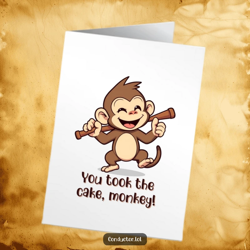 Funny Free Printable congratulations card showing a grinning monkey energetically swinging a conductor's baton.
