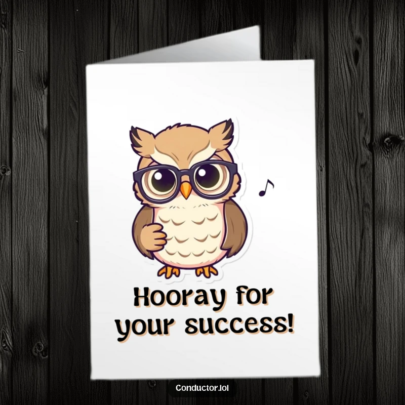 Funny Free Printable Congratulations Card: Owl in spectacles, glowing eyes on score, celebrating a successful musical feat.