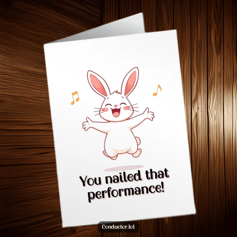 Funny Free Printable Congratulations Card: Giggling rabbit leading imaginary orchestra, celebrating a musical win with joy.