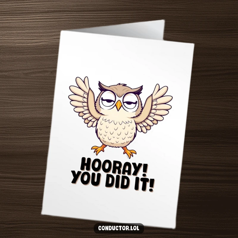 Funny Free Printable Owl Congratulations Card: A curious owl dramatically throws arms wide, celebrating your amazing accomplishment.