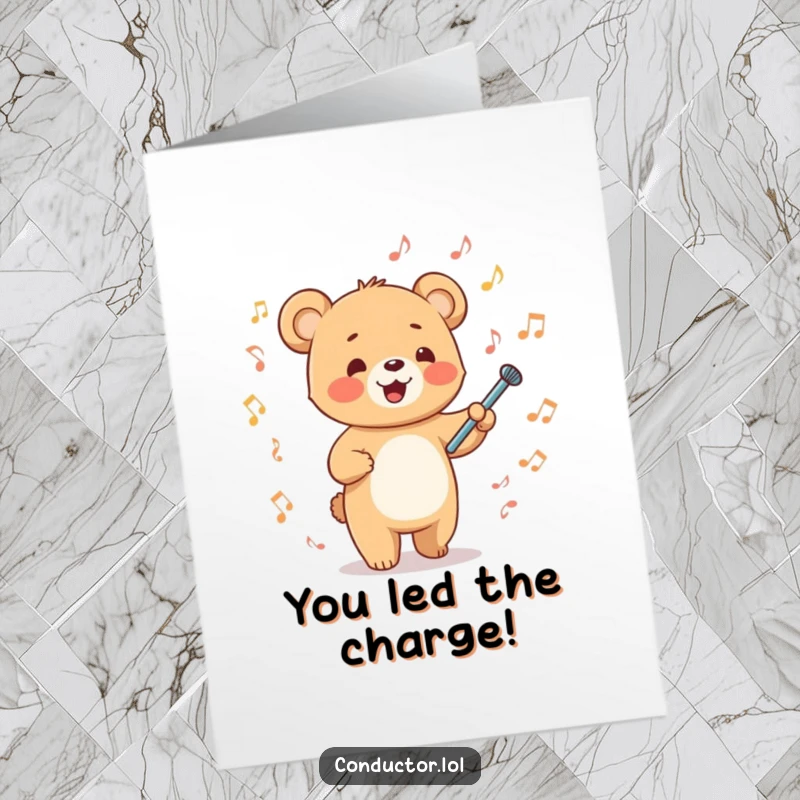 Funny Free Printable Congratulations Card: A bear cub conductor energetically waves a baton, celebrating a musical triumph.