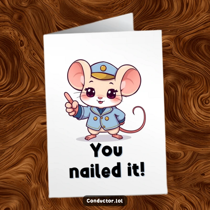 Funny Free Printable Congratulations Card: A determined mouse in a tiny uniform points with excitement to a crescendo, celebrating success.