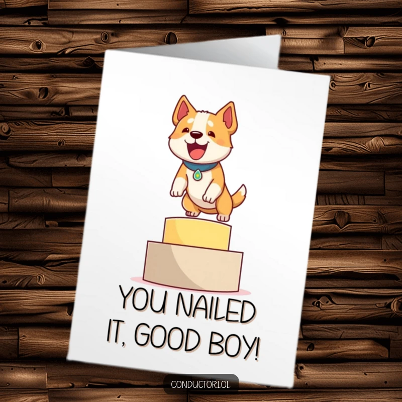 Funny Free Printable Congratulations Card: A determined dog eagerly leaping onto a podium with a proud bark of achievement.