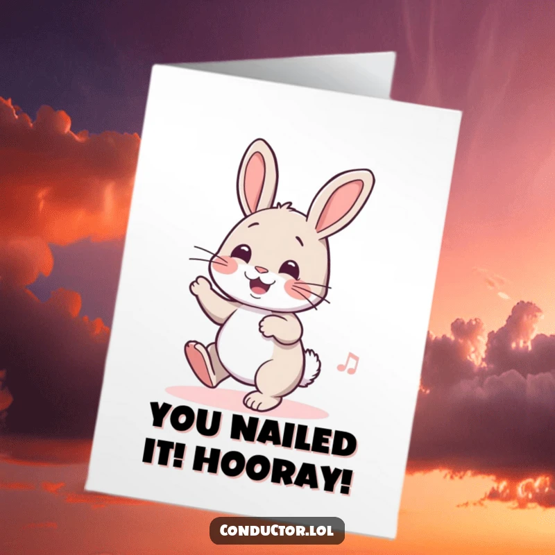 Funny Free Printable Congratulations Card: A happy rabbit taps its foot with infectious rhythm, celebrating your success.