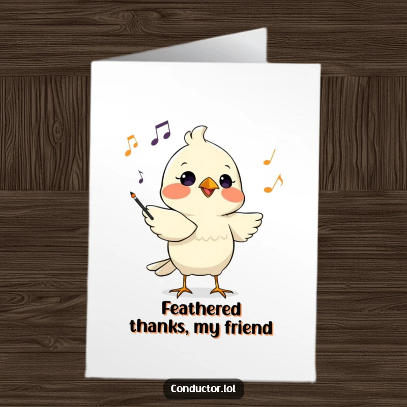 Funny Free Printable Thank You Card: Determined bird conductor chirping musical cues, expressing thanks with humor.