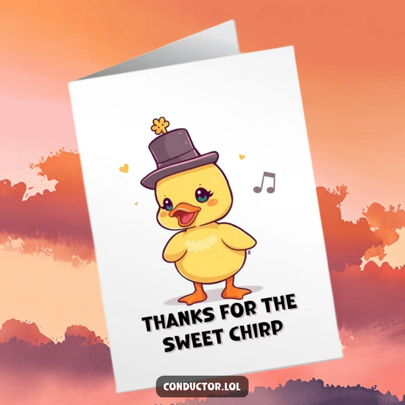 Funny Free Printable Thank You Card: A duckling sporting a tiny top hat chirps a lively rhythm, expressing heartfelt thanks.