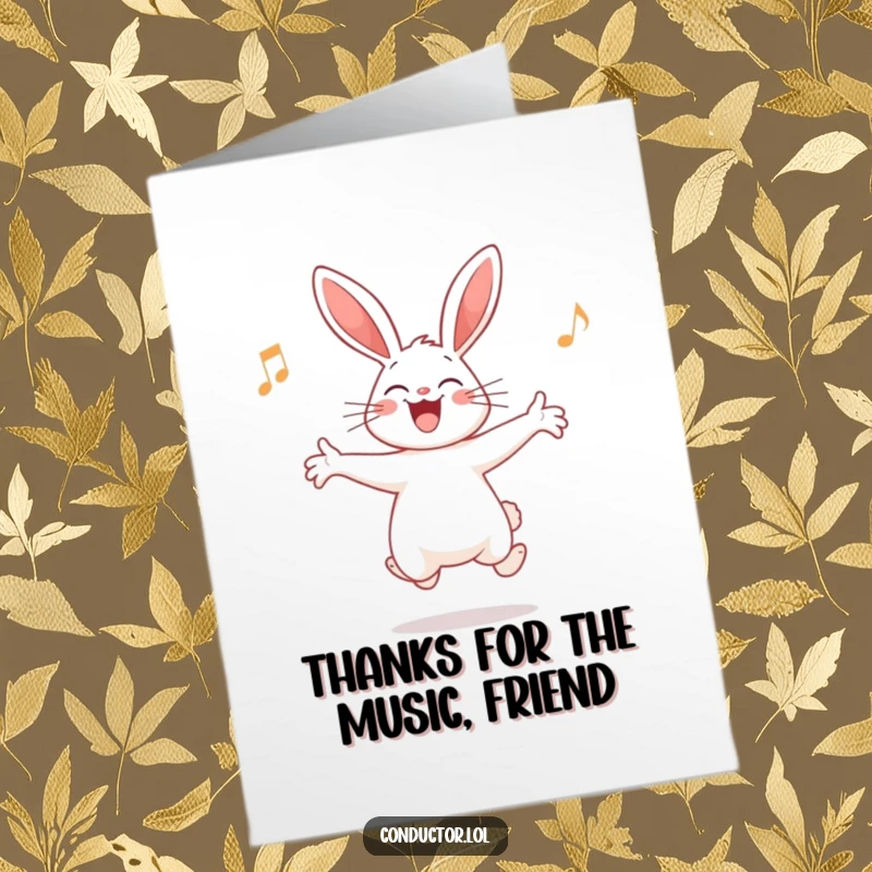 Funny Free Printable Thank You Card: Giggling rabbit leading orchestra, a joyful and fun way to say thank you.