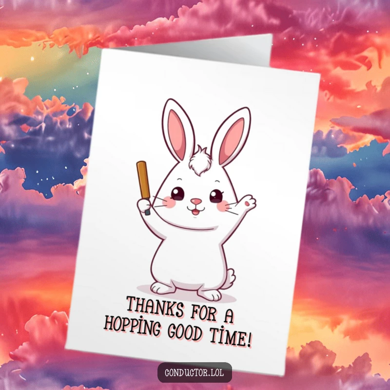 Funny Free Printable Thank You Card: A rabbit conductor, kind yet stern, raising its baton to express thanks.