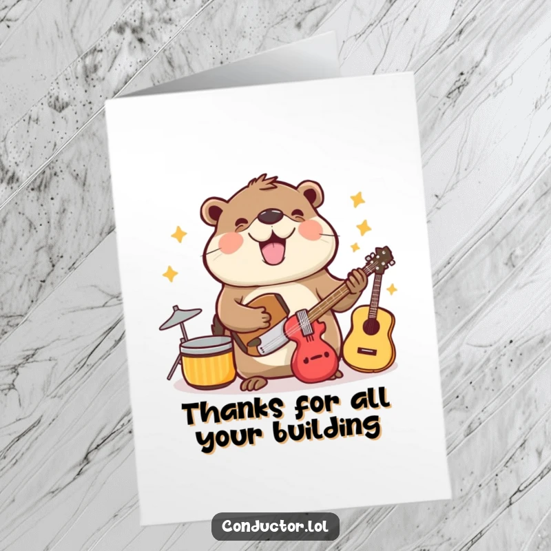 Funny Free Printable Thank You Card: A beaming beaver happily arranging musical instruments with a cheerful, organized enthusiasm, signifying thanks.