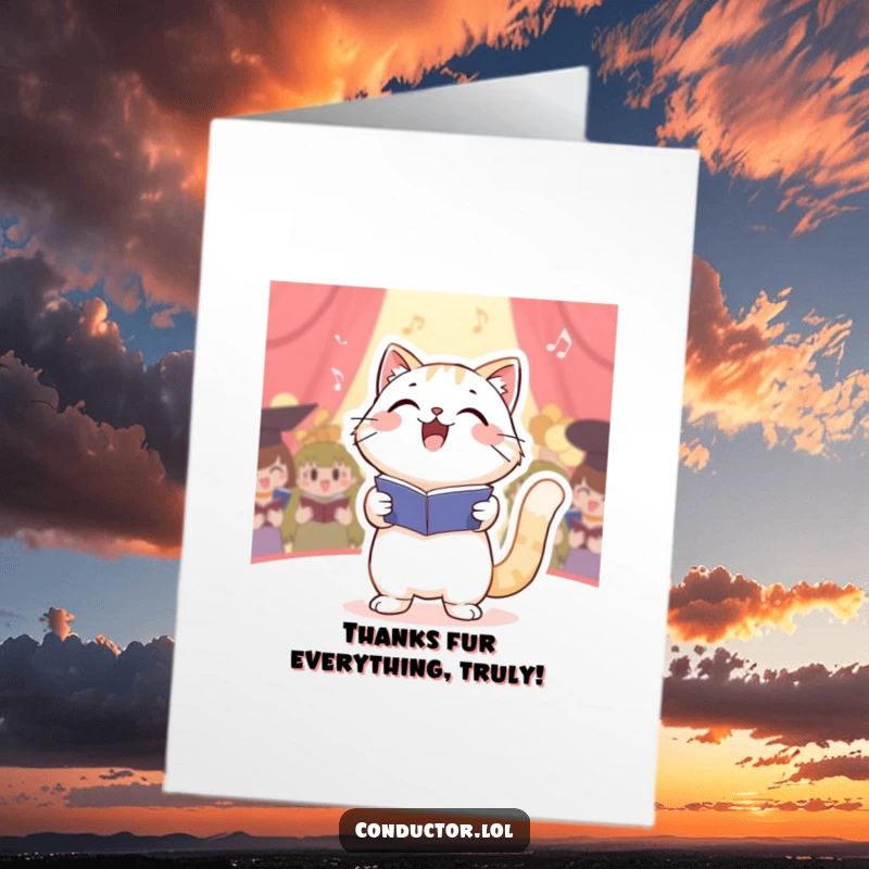 Funny Free Printable Thank You Card: Whimsical cat conductor leading a choir, conveying warm thanks.