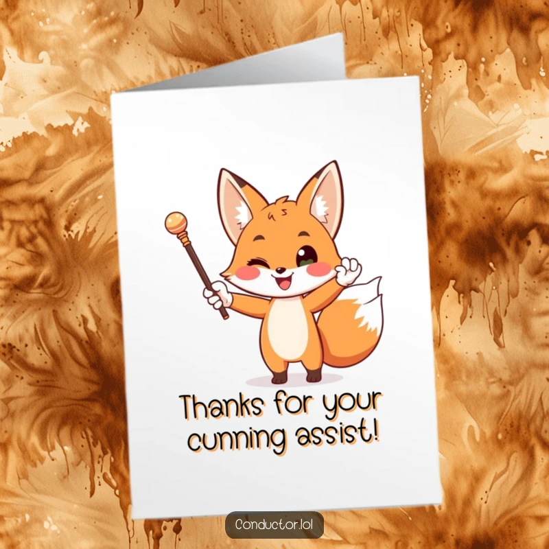Funny Free Printable Thank You Card: A happy fox wearing white gloves dramatically waves a baton elegantly.