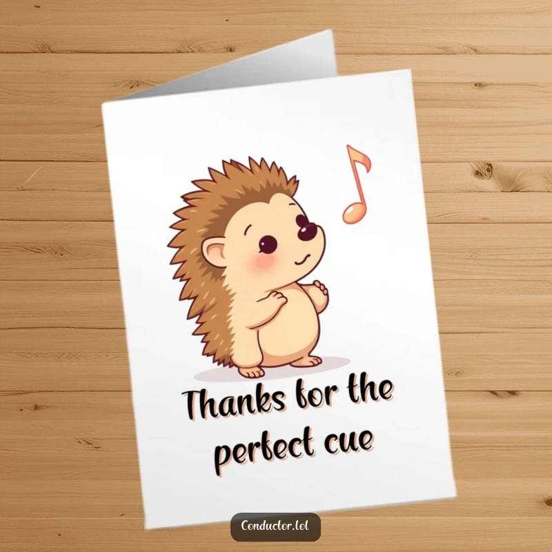 Funny Free Printable Thank You Card: Curious cartoon hedgehog listening to a musical cue, a thoughtful downloadable thank you.
