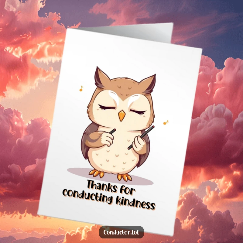 Funny Free Printable thank you card with a cute owl conducting an orchestra with its eyes closed.