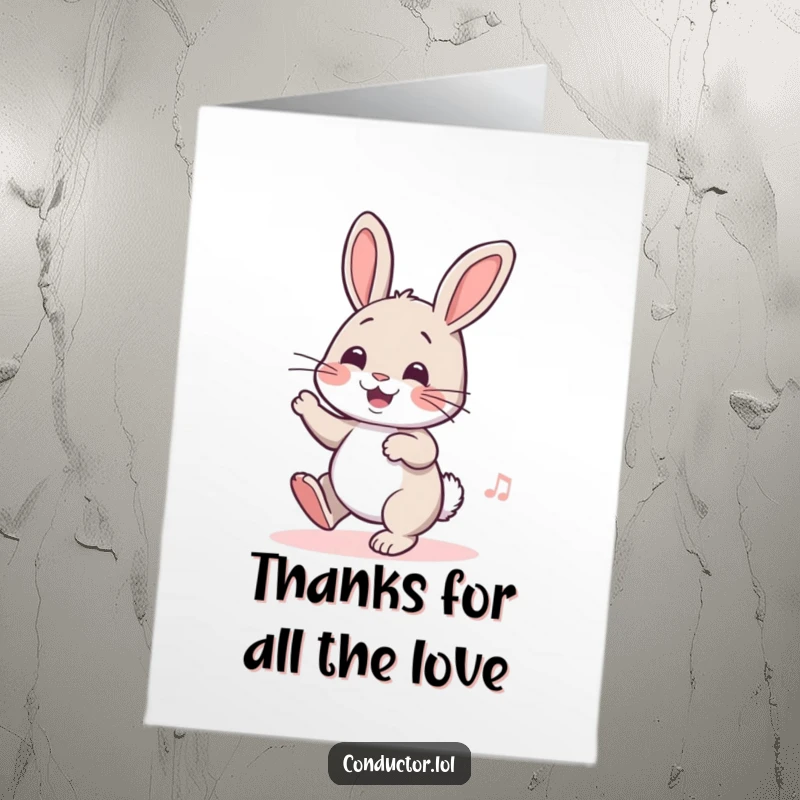 Funny Free Printable Thank You Card showing a cheerful rabbit tapping its foot, radiating happiness and gratitude.