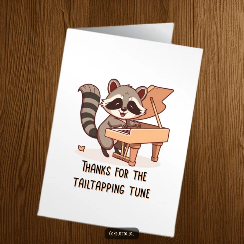 Funny free printable thank you card: Happy raccoon energetically taps piano keys with its tail, composing a tune of thanks.