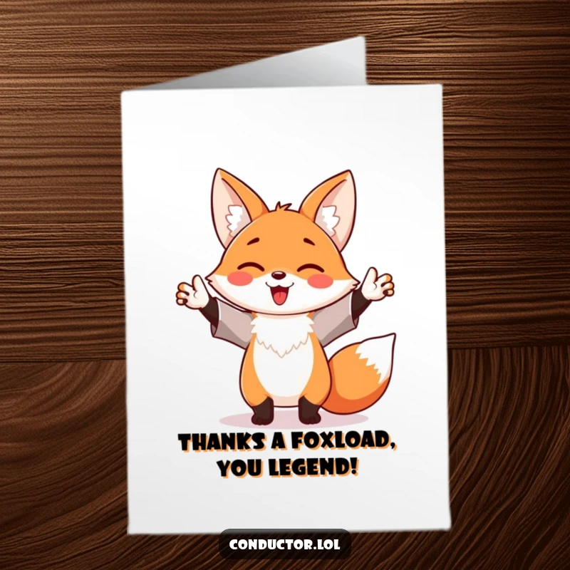 Funny Free Printable Thank You Card: A happy fox waving arms energetically like a maestro, conveying heartfelt thanks.