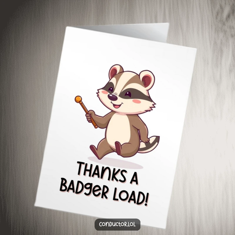 Funny Free Printable Thank You Card: A cheerful badger conductor tapping its foot with joy, expressing sincere thanks.