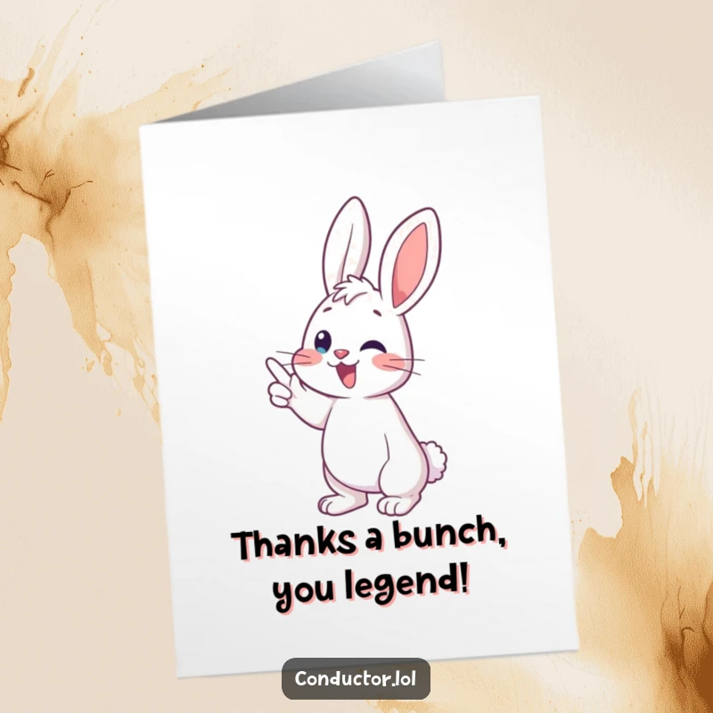 Funny Free Printable Thank You Card: Energetic bunny pointing to musical crescendo, expressing gratitude, downloadable art.