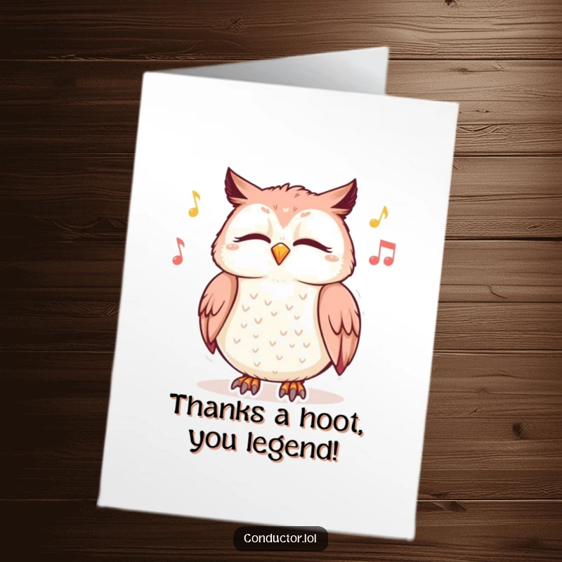 Funny Free Printable Thank You Card: A giggling owl with closed eyes sways rhythmically, enjoying imagined music as a thank you.