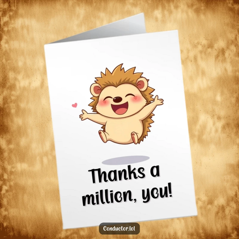 Funny Free Printable Hedgehog Thank You Card: A giggling hedgehog leaps with joy while directing, conveying a happy and thankful message.